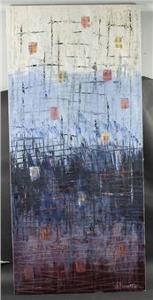 An abstract vertical composition blending geometric grids with atmospheric color gradients.