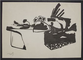 A black and white drawing of a table with a basket of fruit.