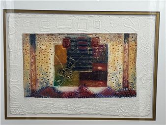A textured abstract composition featuring a central geometric structure surrounded by patterned vertical bands.