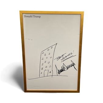 A framed drawing of a building with a sign that says Donald Trump.