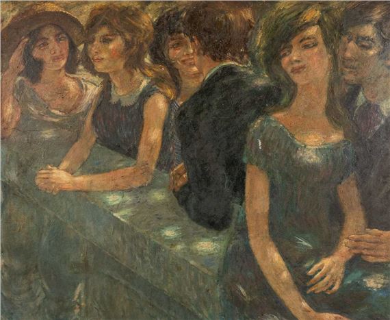 young figures overlooking a stone balustrade in dappled shade, probably a summer garden party - Robert Pengilley