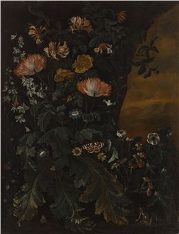 A painting of flowers and a butterfly on a dark background.