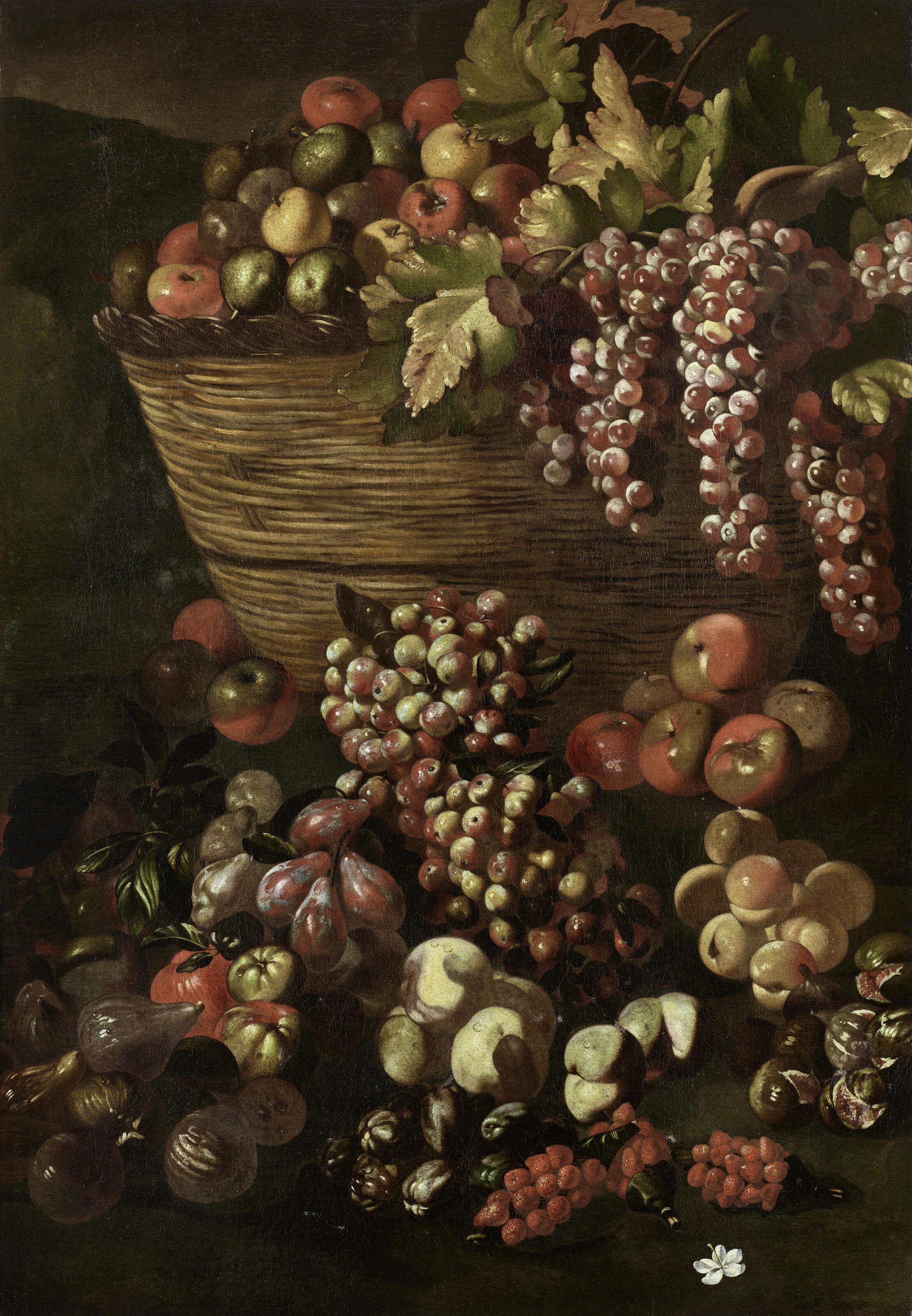 Luca Forte | A wicker basket of apples and grapes, with plums, figs ...