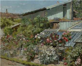 A sun-drenched garden scene filled with blooming roses and rustic rooftops.