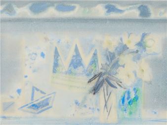A soft, abstract still life featuring a vase of white flowers and geometric shapes against a pale blue background.