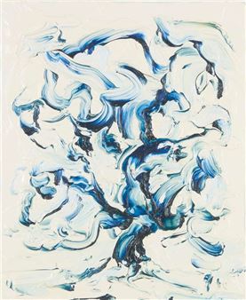 A dynamic abstract composition of swirling blue and white forms on a light background.