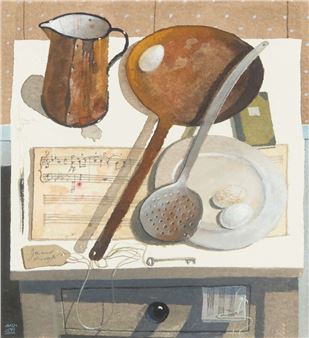 A still life painting of kitchen utensils and a pitcher resting on sheet music.