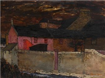 A moody, atmospheric painting of a terraced house at twilight.