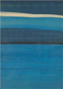 A minimalist abstract painting featuring horizontal bands of blue and dark tones.