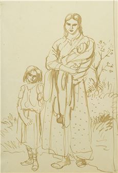 Study of a Mother and Child with Baby in Rural Landscape - Augustus Edwin John