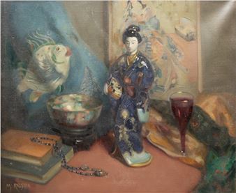 Still Life of China Figure and Fish - M Ralston (scottish Early 20th Century)