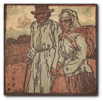 A painting of a man and a woman walking in a field.