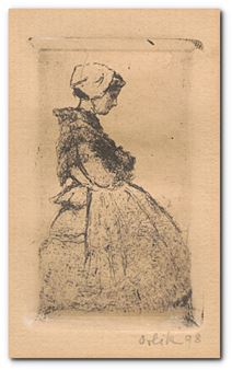 A drawing of a woman in a dress and hat.
