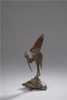 Turtle, snake and stork bronze group with light brown patina shaded with russet - Auguste Nicholas Cain