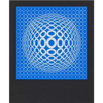 Kinetische Komposition in Silber auf Blau, auf schwarz getöntem Untergrund - Victor Vasarely