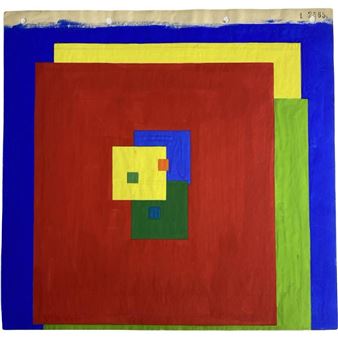 A painting on a piece of paper with a red, yellow, green, and blue square.