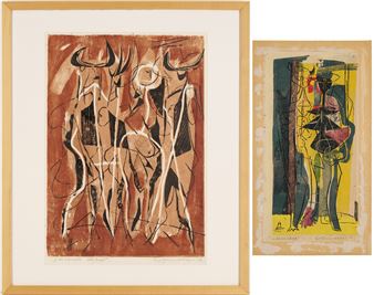 A couple of framed pictures of a painting and a painting of a group of people.