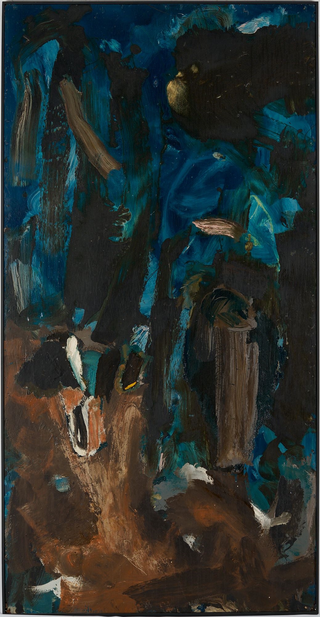 An abstract expressionist painting featuring a vertical composition of dark blues, browns, and blacks with visible brushstrokes.