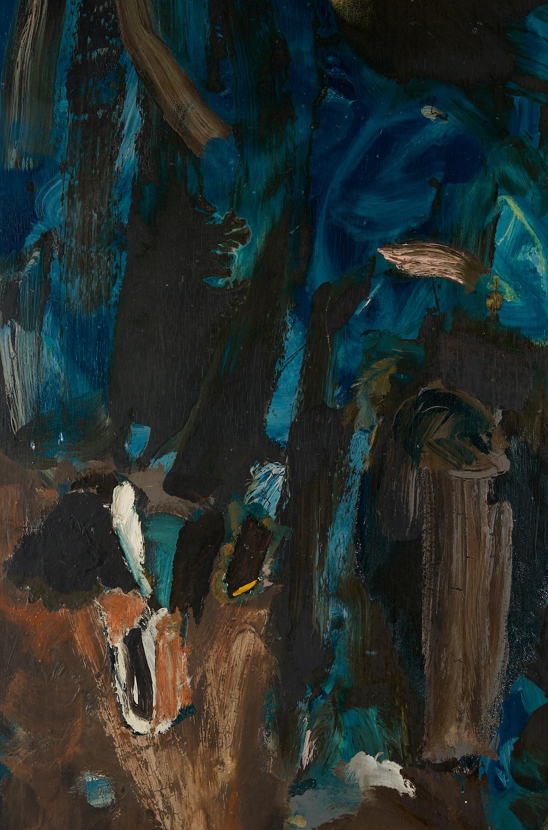 An abstract expressionist painting featuring a vertical composition of dark blues, browns, and blacks with visible brushstrokes.