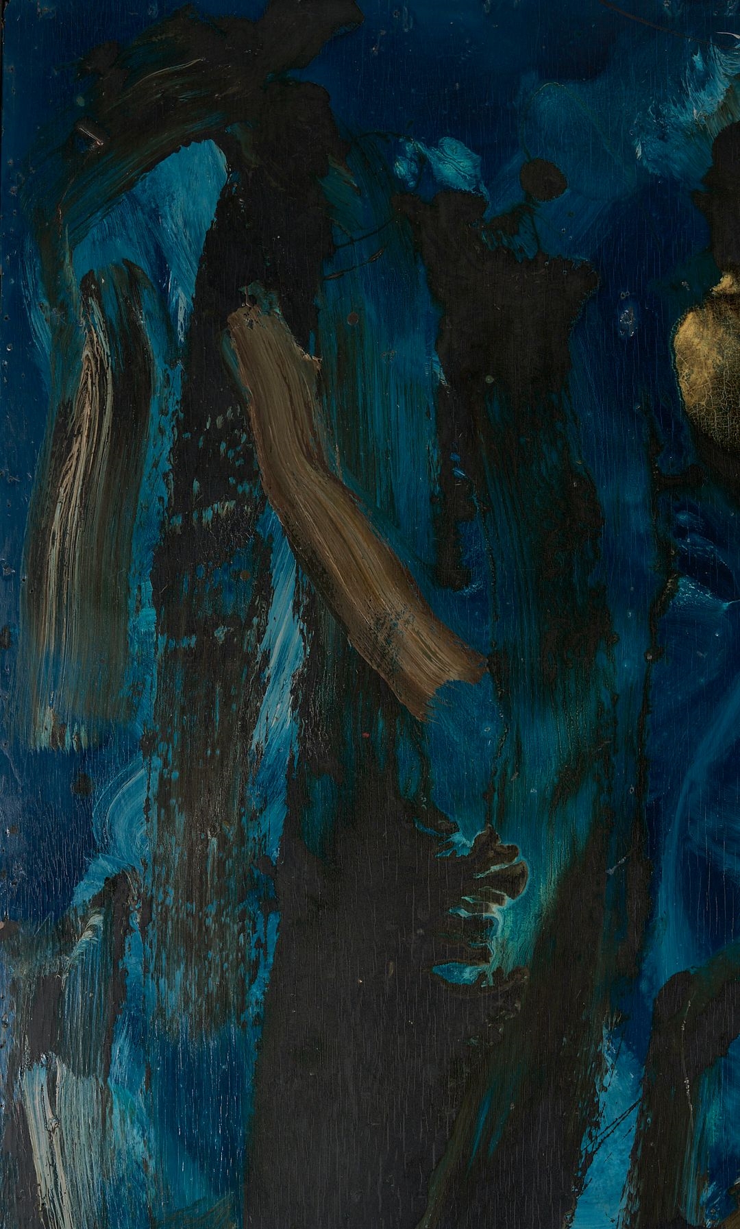 An abstract expressionist painting featuring a vertical composition of dark blues, browns, and blacks with visible brushstrokes.