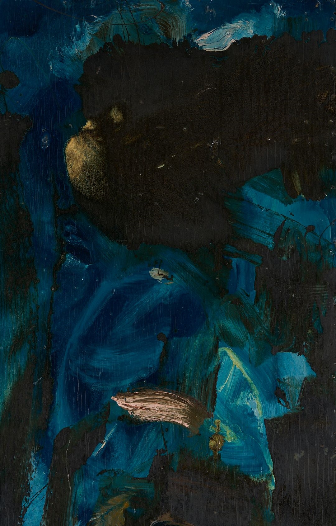 An abstract expressionist painting featuring a vertical composition of dark blues, browns, and blacks with visible brushstrokes.