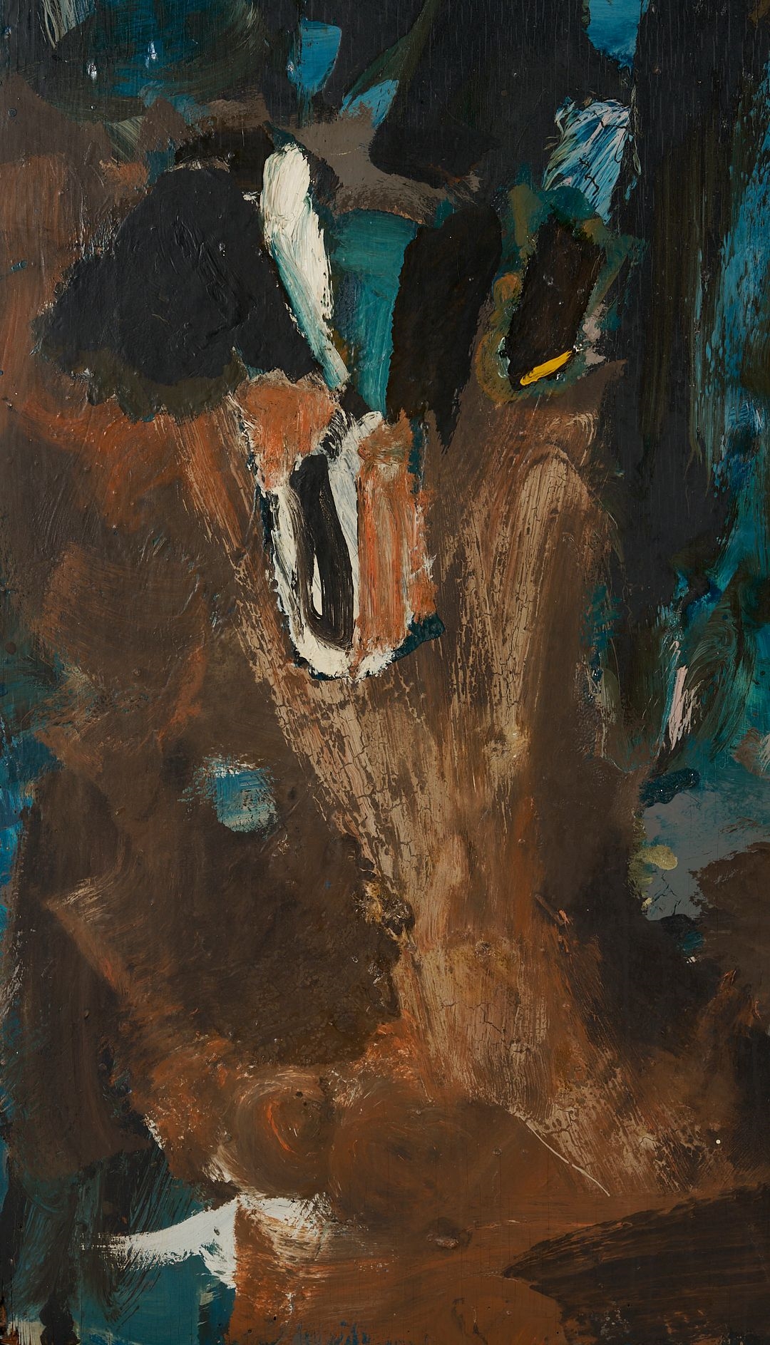 An abstract expressionist painting featuring a vertical composition of dark blues, browns, and blacks with visible brushstrokes.