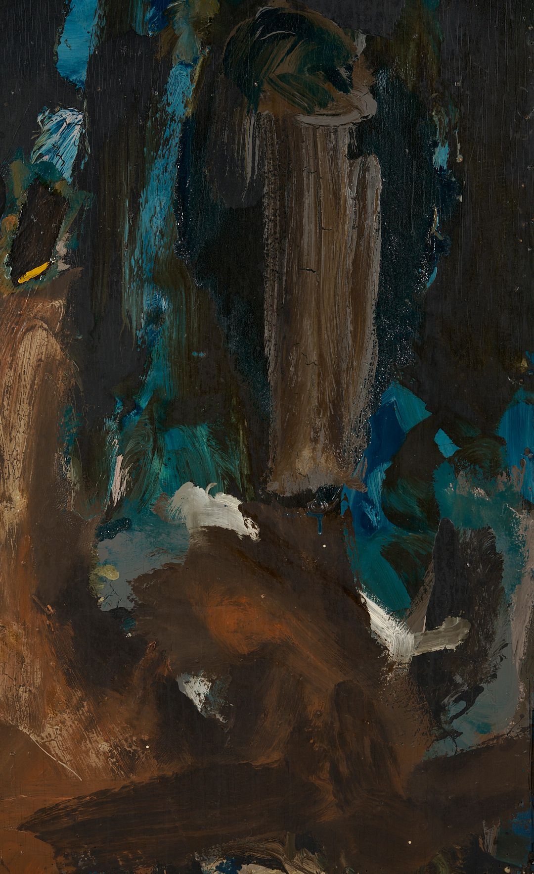 An abstract expressionist painting featuring a vertical composition of dark blues, browns, and blacks with visible brushstrokes.