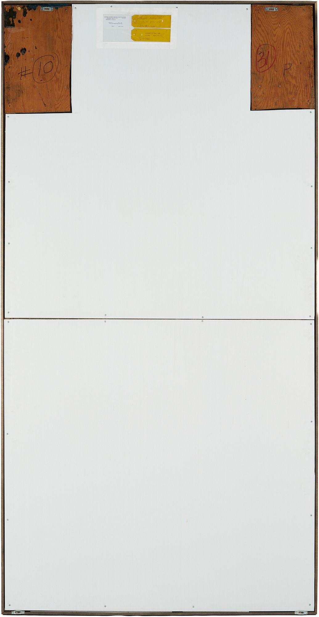 An abstract expressionist painting featuring a vertical composition of dark blues, browns, and blacks with visible brushstrokes.