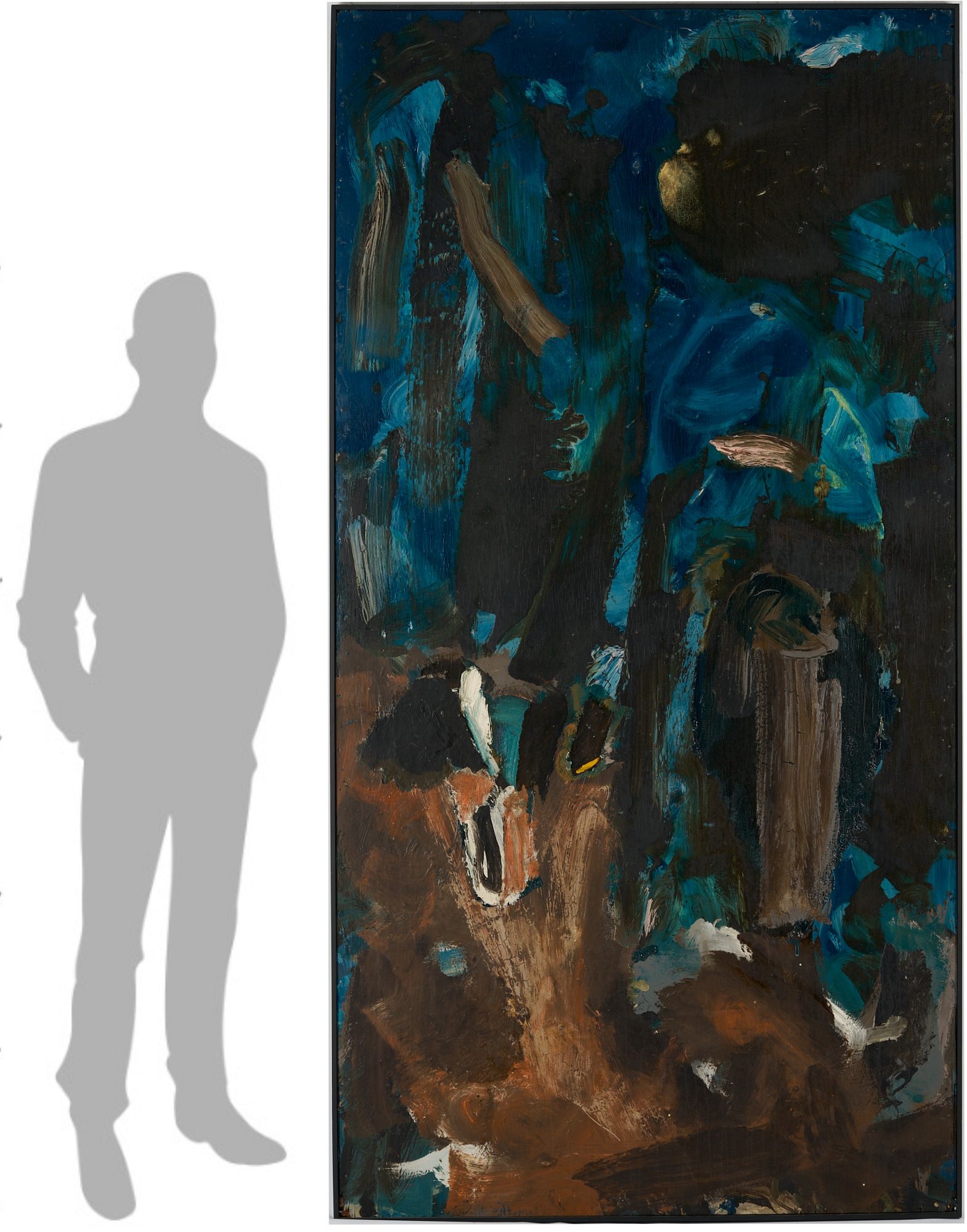An abstract expressionist painting featuring a vertical composition of dark blues, browns, and blacks with visible brushstrokes.
