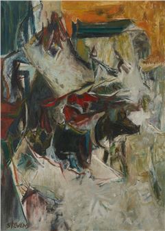 An abstract expressionist painting featuring a chaotic, layered composition of architectural forms and bold color contrasts.