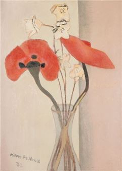 A painting of red poppies in a vase on a table.