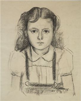 A drawing of a young girl in a white dress.