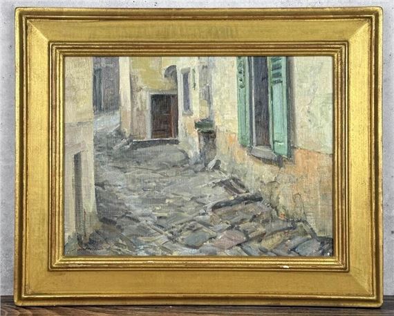 A painting of a street scene in a gold frame.