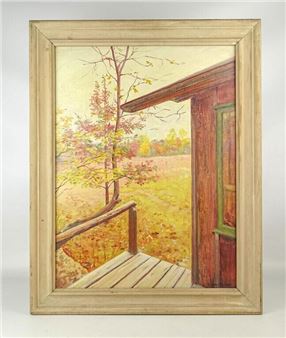 A painting of a painting of an open door in a wooden frame.