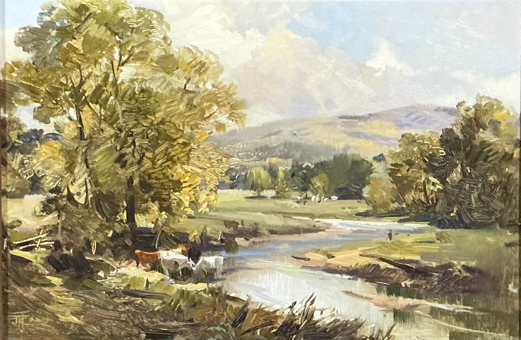 A pastoral landscape painting featuring a river, trees, and distant hills under a bright sky.