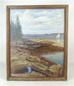 A painting of a sailboat on a rocky shoreline.