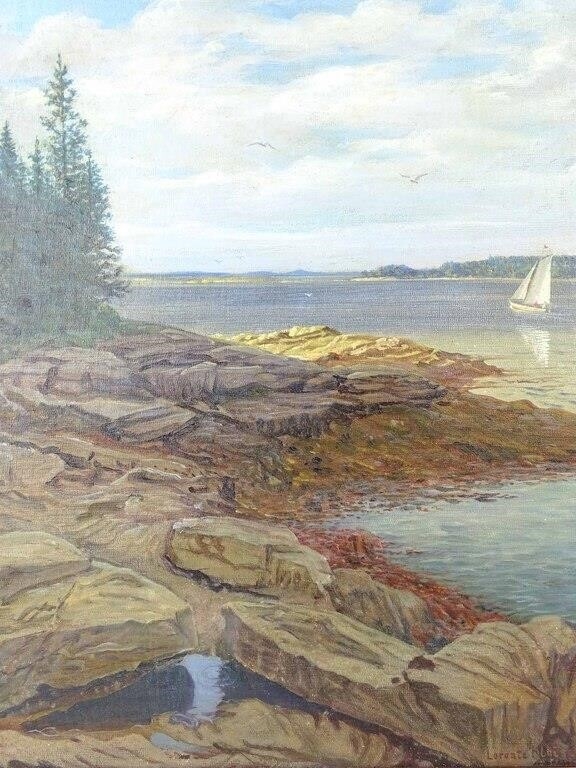 A painting of a sailboat on a rocky shoreline.