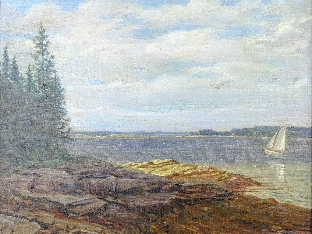 A painting of a sailboat on a rocky shoreline.