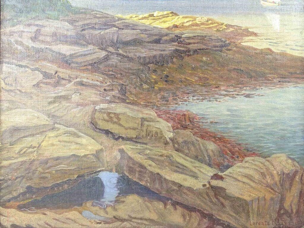 A painting of a sailboat on a rocky shoreline.