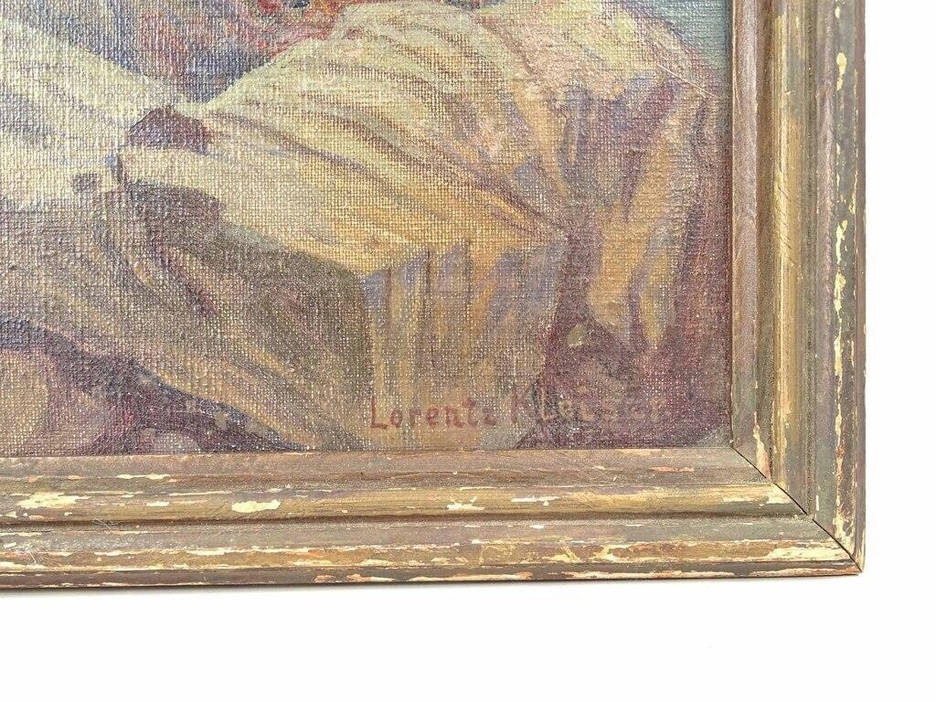 A painting of a sailboat on a rocky shoreline.