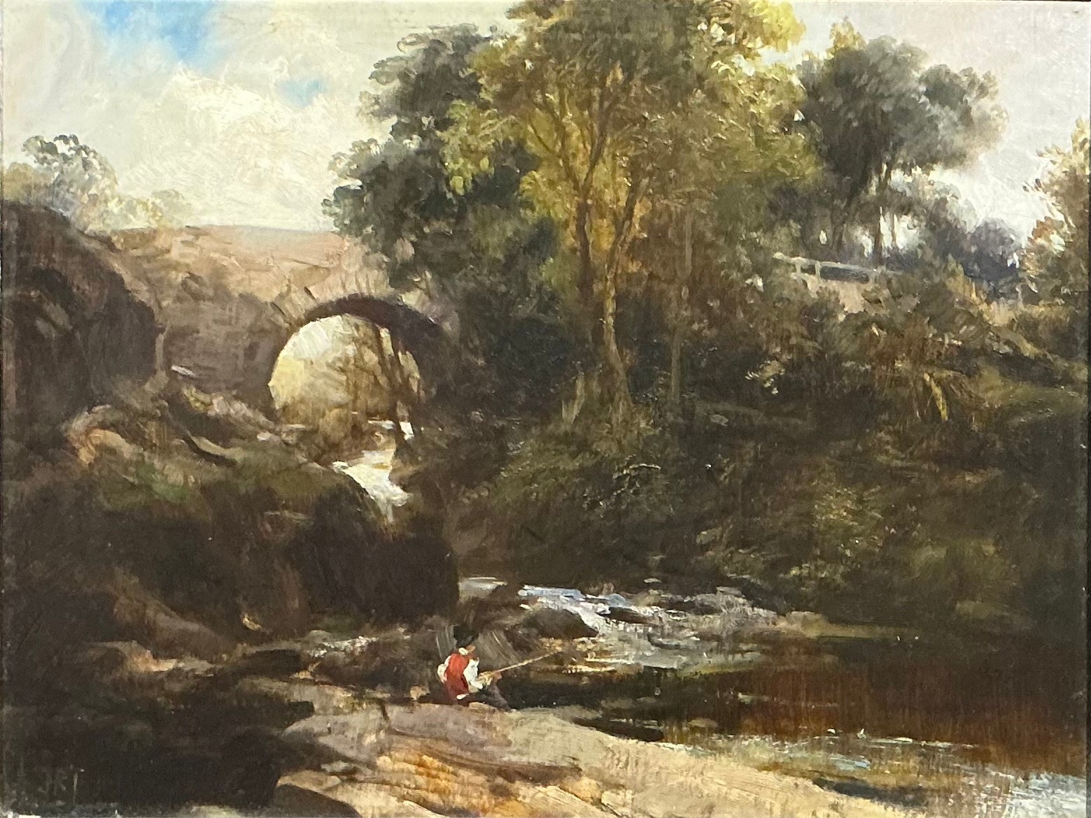 A pastoral landscape painting featuring a stone bridge over a stream with a lone figure fishing.