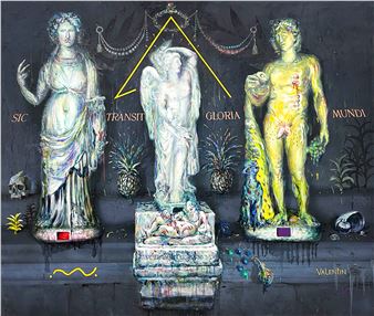 A surreal composition featuring three classical-style statues against a dark background, each adorned with symbolic elements and glowing colors.
