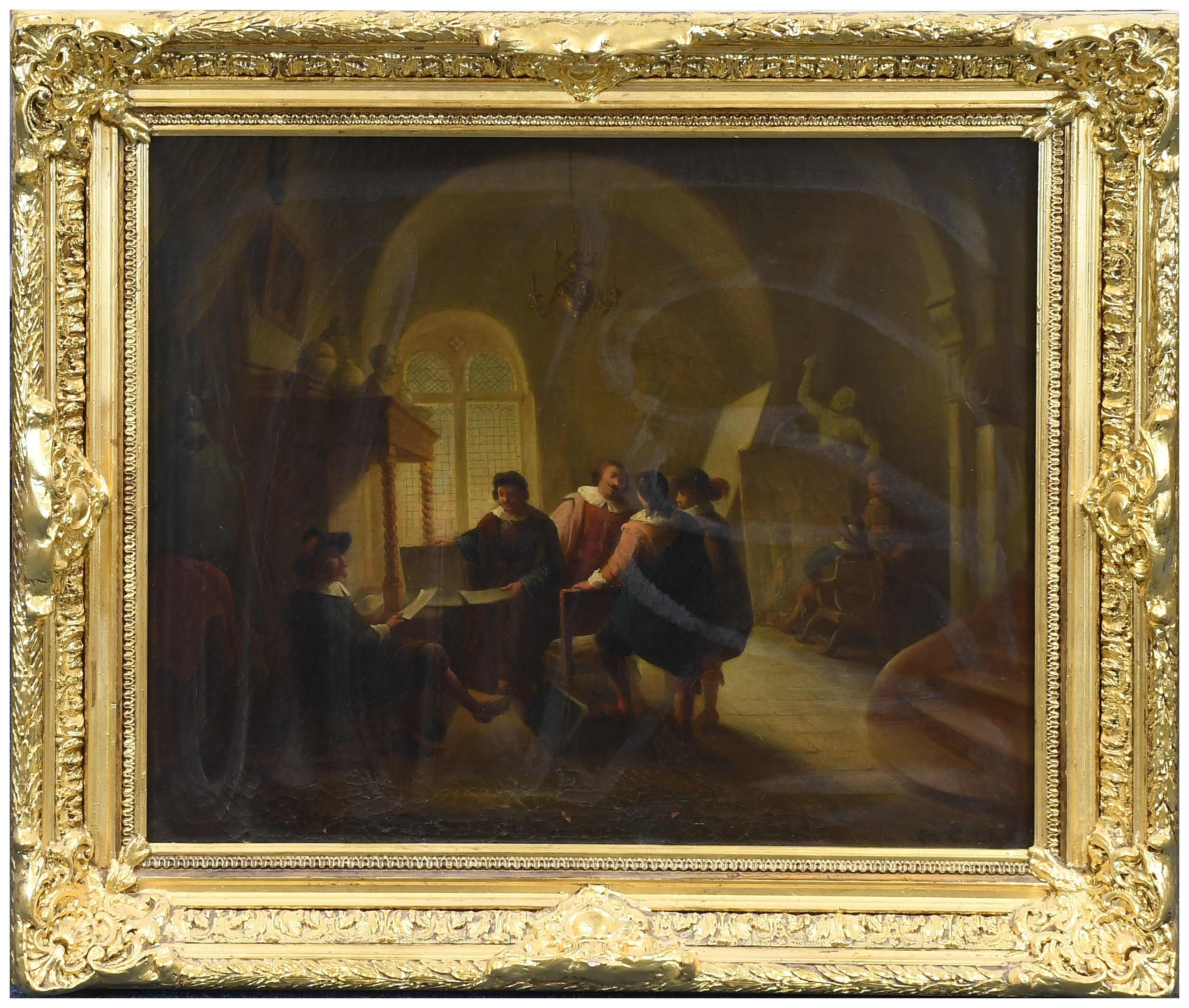 Félix Eycken | Interior scene with figures inspecting paintings and ...