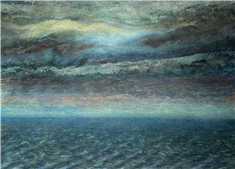 A textured seascape painting depicting a dark, moody ocean under a cloudy sky.