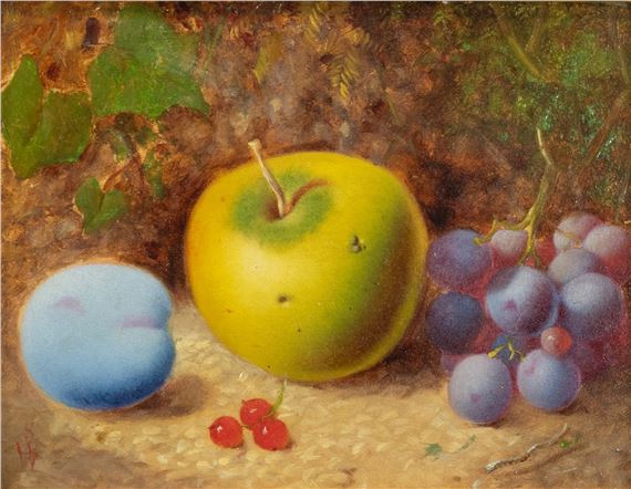Oliver Clare | Still life of apples, plums and raspberries on a mossy ...