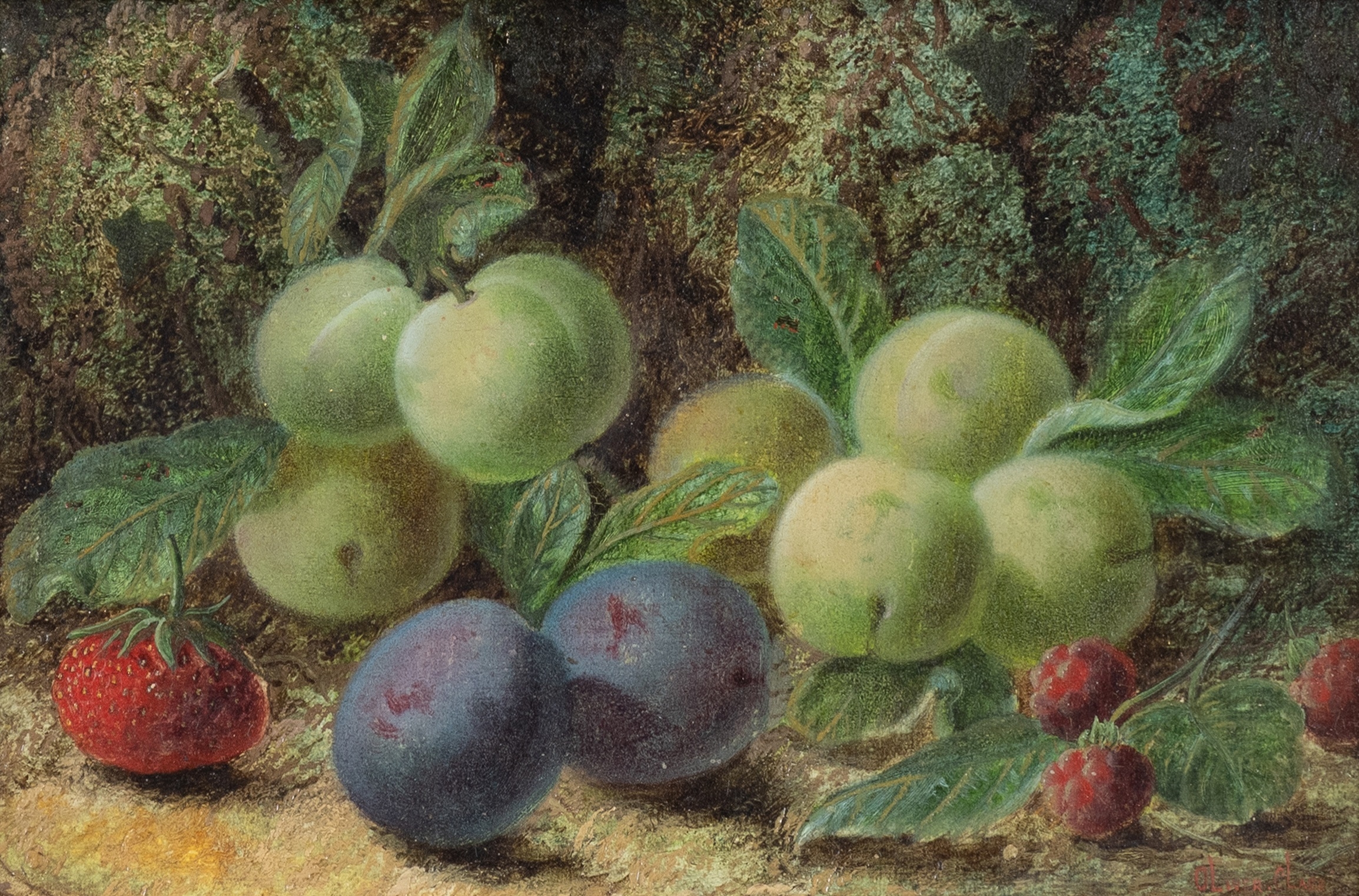 Oliver Clare | Still life of apples, plums and raspberries on a mossy ...