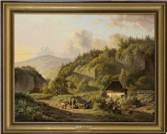A painting of a landscape with people and animals in a wooded area.
