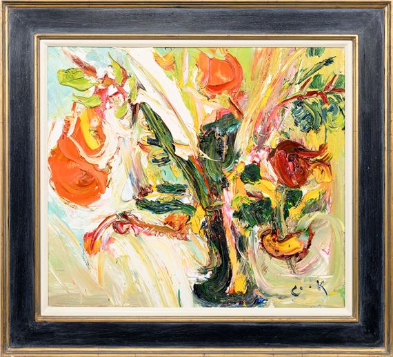 A vibrant still life of roses in a vase rendered with expressive, thick brushstrokes.