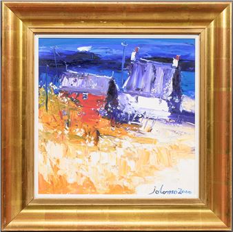 A painting of a boat on a beach in a gold frame.