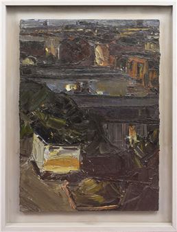 A textured oil painting of a cityscape viewed from an elevated position.